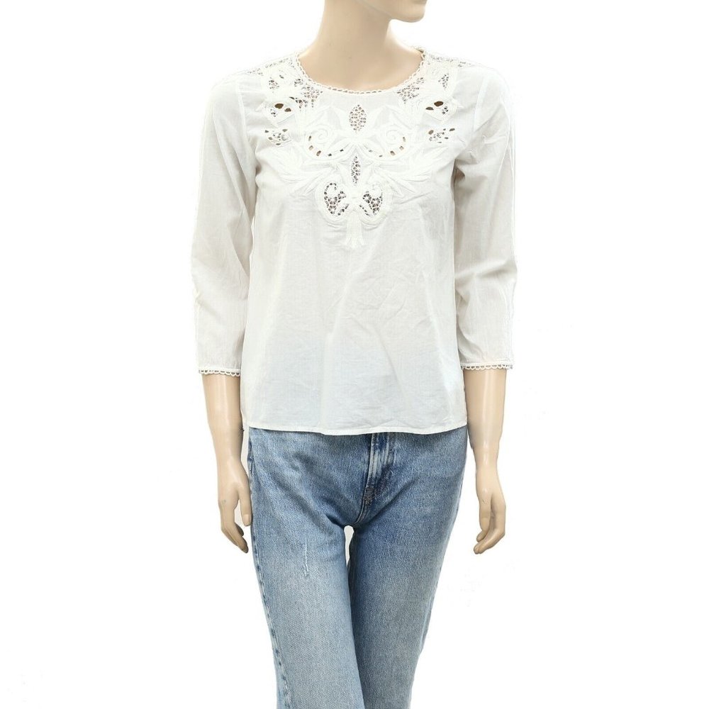 Sezane Vera Blouse Top White Cutout Embroidered Cotton Lace Boho - Picture 2 of 5